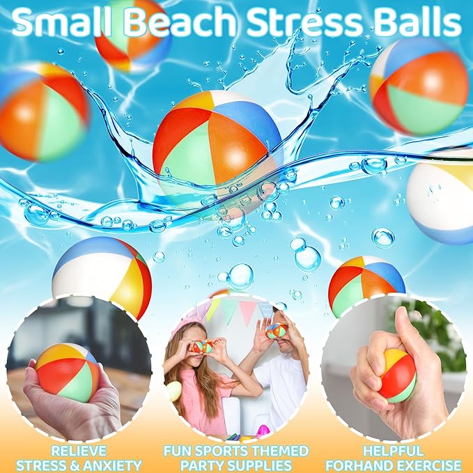 60 Pcs Beach Stress Balls Bulk 2.5" Mini Relief Stress Ball Pu Foam Squeezy Balls Summer Swimming Pool Game Toy Rainbow Beach Ball for Hawaiian Beach Birthday Party Favor School Carnival Reward