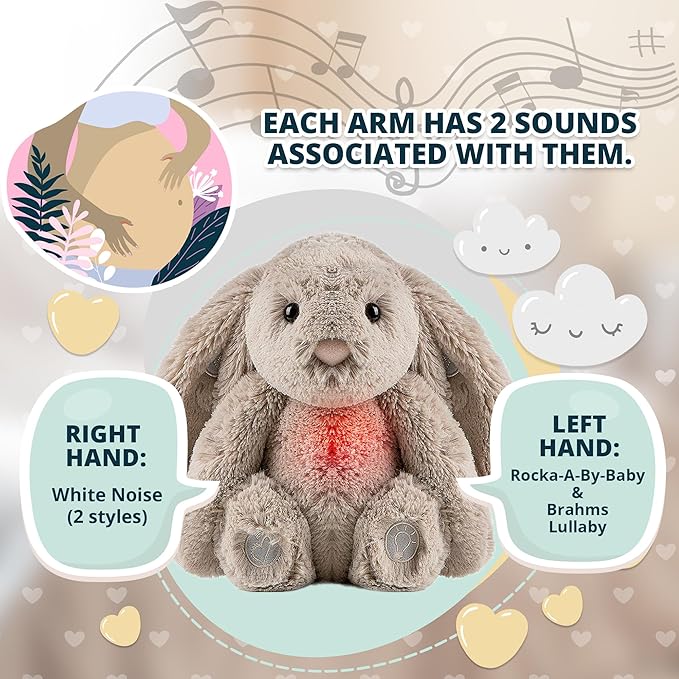 Gemma Joy Baby Sleep Soother Bunny for Baby – Cry Activated Heartbeat Stuffed Animal – Rechargeable Crib Soother with White Noise, Shush, Lullabies & Night Light – Newborn Essentials Must Haves