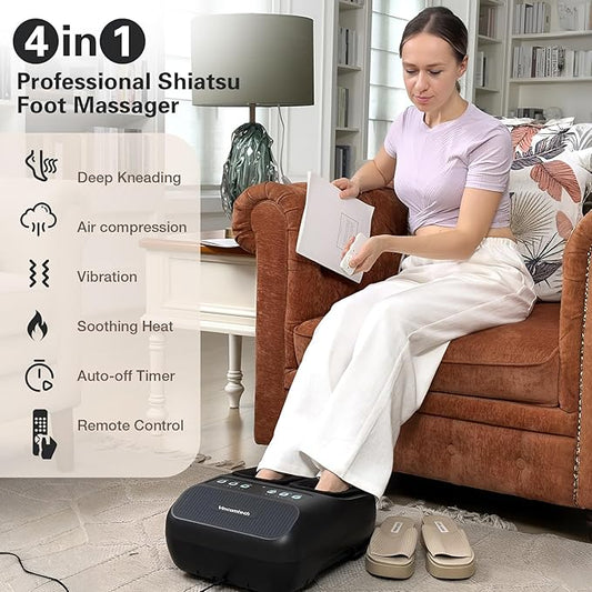 Shiatsu Foot Massager with Heat, Electric Foot Massager Machine for Plantar Fasciitis Neuropathy with Remote Control, Adjustable Vibration and Compression (Black)