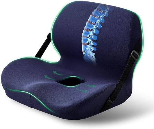 Ergonomic Seat Cushion for Sciatica Relief & Long Driving - Memory Foam Back Support with Adjustable Strap, Non-Slip Base & Removable Mesh Cover - Office, Car (Navy Blue)