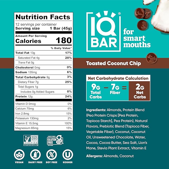 IQBAR Brain and Body Plant Protein Bars - Toasted Coconut Chip - 24-Count Low Carb - Gluten Free, High Fiber, Vegan Snacks - Low Sugar Meal Replacement