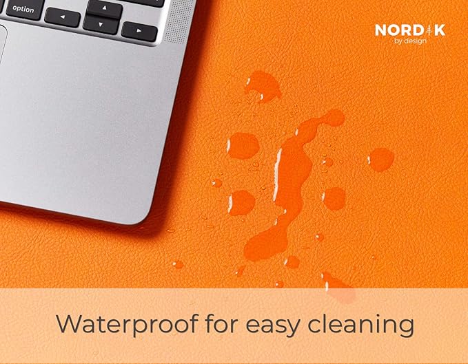 Nordik Leather Desk Mat Cable Organizer - Tangerine Orange 35 X 17 inch - Premium Extended Mouse Mat for Home Office Accessories - Non-Slip Vegan Leather Desk Pad Protector & Desk Blotter Pad