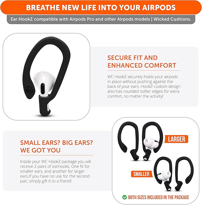 WC HookZ - Patented Upgraded Over Ear Hooks for AirPods Pro 1, 2 & AirPods 1, 2 & 3- Two Size Pairs Included in Package, Unique Left & Right Hook, Made by Wicked Cushions | Pitch Black