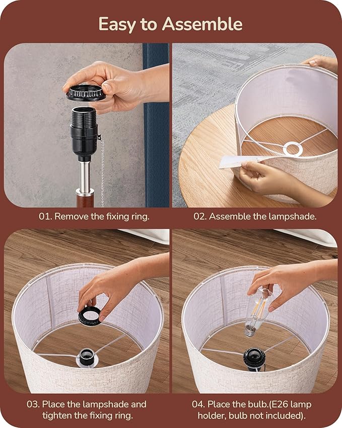 EDISHINE Mid Century Table Lamp, Solid Wood and Metal Bedside Lamp with Pull Chain Switch & Beige Linen Shade, Retro Nightstand Lamp for Bedroom Living Room End Table, E26 Base