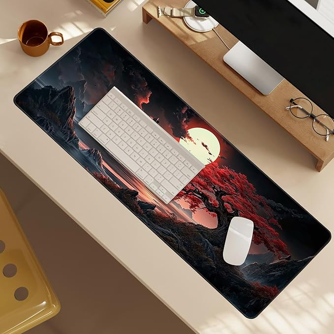 Japanese Desk Mat Red Full Moon Desk Pad Black Riverside Large Mouse Pad Gaming Mousepad Extended Keyboard Pad 31.5 x 11.8 in Laptop Computer Mouse Keyboard Mat for Office Desk Decor