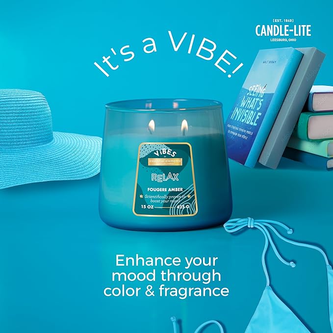 Candle-Lite Vibes Fougere Amber Mood-Enhancing Scented Candles, 15 oz Jar, Aromatherapy, Proudly Poured in The USA, 2-Wick, 86 Hours Burn Time, Perfect Relaxation Gift