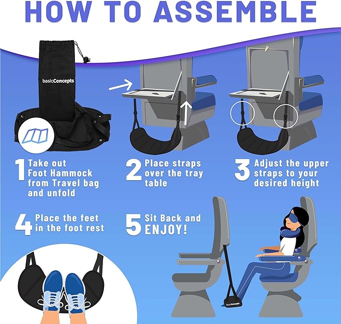 BASIC CONCEPTS Airplane Adjustable Foot Hammock (2 Pack), Perfect or Office Footrest to Relax Your Feet (Memory Foam) - for Travel Accessories, Desk Hammock, Comfy Hanger