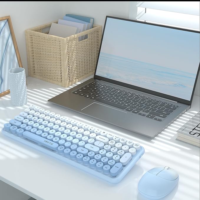 Wireless Keyboards and Mouse Combos, UBOTIE Colorful Gradient Rainbow Colored Retro Typewriter Flexible Keyboard, 2.4GHz Connection and Optical Mouse(Blue Gradient)