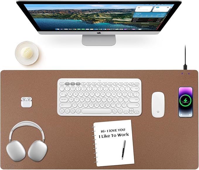 Wireless Charging Mouse Pad Firelison 2 in 1 Leather Multifunctional Office Desk Pad with Non-Slip Rubber Base, Waterproof Desk pad for Computers/Office/Work/Home/Decor（ 36" x 17"Buff - R）