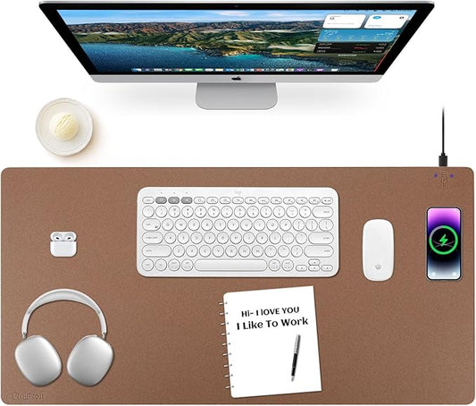 Wireless Charging Mouse Pad Firelison 2 in 1 Leather Multifunctional Office Desk Pad with Non-Slip Rubber Base, Waterproof Desk pad for Computers/Office/Work/Home/Decor（ 32" x 16"Buff - R）