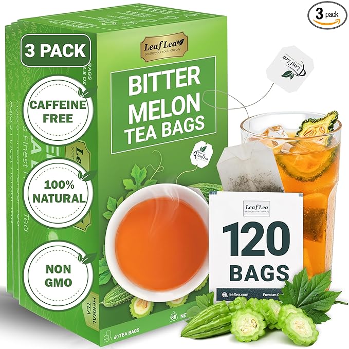 LeafLea 120 Bitter Melon Tea Bags, 100% Pure Bitter Melon Fruit. Supports Wellness and Digestion | Caffeine-Free, Sugar-Free, Vegan, Pack of 3