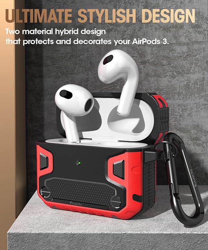 Koaichi Compatible with AirPods 3rd Generation Case(2021), Full-Body Rugged Hard Shell Protective Case Cover with Keychain Designed for AirPods 3 Case, Black/Red [US Patent Registered]