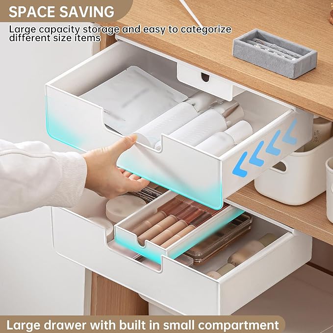 Under Desk Drawer Slide Out Hidden Under Table Storage, White Standing Under Desk Drawers Attachment with 2 Installation Methods (Screw/Adhesive), Large Under Cabinet Drawer for Office/Home