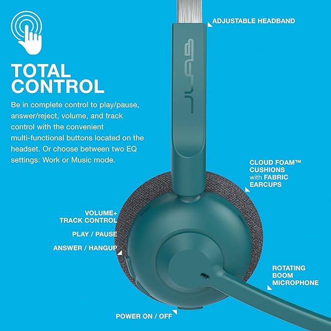 JLab Go Work Pop On-Ear Wireless Headset, Teal, 50+ Hours Playtime, Bluetooth Multipoint, Rotating Boom Mic, Noise Canceling MEMS Microphone, Light-Weight and Portable, for PC/Mac or Mobile