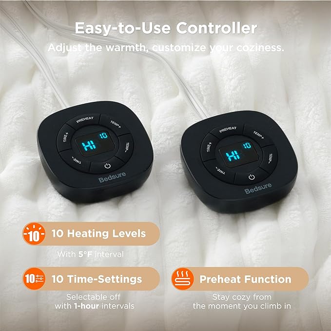 Bedsure Electric Blanket Queen Size - Thick Striped Flannel Electric Blanket with Dual Control, Heating with 10 Heat Settings & 10 Time Settings, 8 hrs Timer Auto Shut Off (84x90 inches, White)