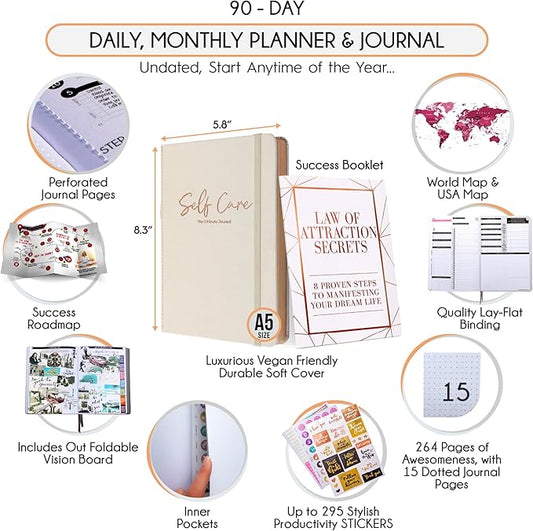 Self Care Journal - 5 Minute Mental Health & Manifestation Journal | 90-Day Undated Daily Planner for Positivity, Affirmations & Gratitude | Guided Mindfulness, Reflection | Vision Board + Stickers