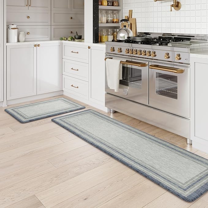 KIMODE Anti Fatigue Kitchen Mats for Floor 2 Piece, Farmhouse Kitchen Rugs Non Slip, Padded Kitchen Floor Mats Non Slip, Cushioned Standing Mats for Sink Laundry Desk Blue Grey 20"x59"+20"x32"