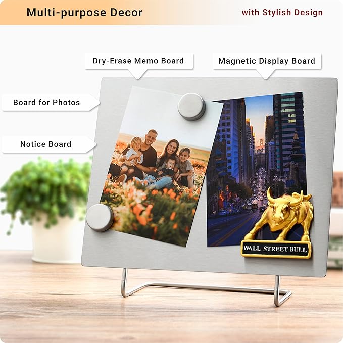 Magnetic Bulletin Board with Stand – Small Dry Erase Memo Board – Tabletop Metal Easel for Magnet Display – 10x8 Inches + 2 Magnets