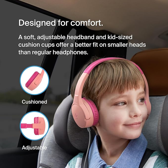 Belkin SoundForm Mini Kids Wired Headphones with Built-in Microphone & Fun Stickers, 85dB Safe Volume Limit – for Online Learning, Travel, Compatible w/iPhone 15, iPad, Galaxy S23, & More - Pink