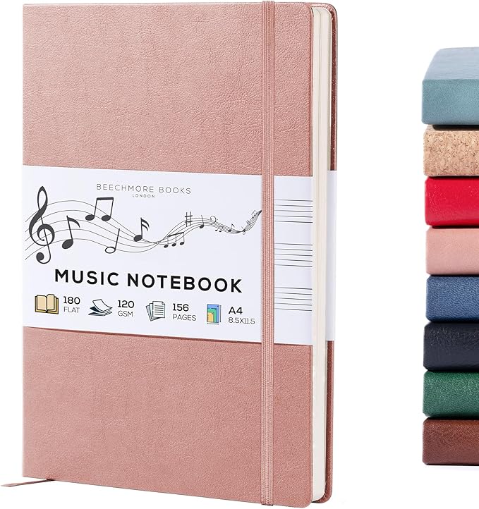 BEECHMORE BOOKS Blank Sheet Music Notebook – A4 8.5x11.5 for Songwriters, Musicians & Composers, 156 Thick 120gsm Pages, 10-Staff Perforated Sheets, Vegan Leather Hardcover, Elastic Closure, Gift Box