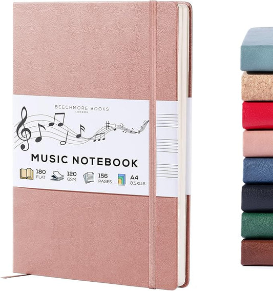 BEECHMORE BOOKS Blank Sheet Music Notebook – A4 8.5x11.5 for Songwriters, Musicians & Composers, 156 Thick 120gsm Pages, 10-Staff Perforated Sheets, Vegan Leather Hardcover, Elastic Closure, Gift Box