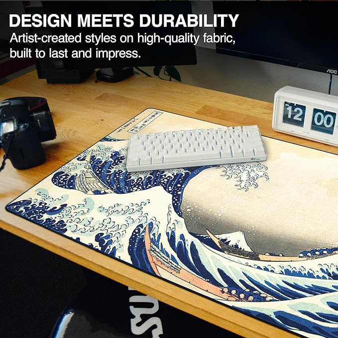 MPCO. Ukiyo-E Large Gaming Desk Pad - 36" x 17" Aeroglyde Fabric Ocean Waves Desk Mats - Washable, Smooth Glide for Precision Gaming & Work
