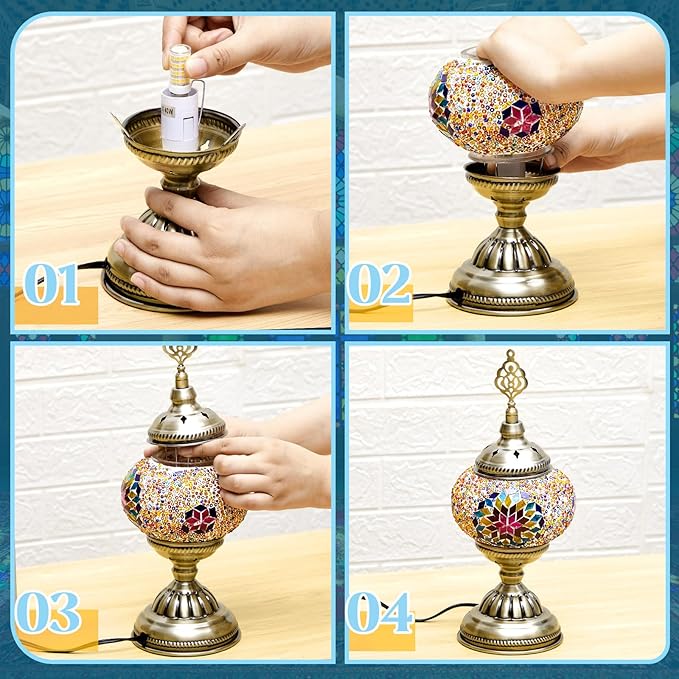 Large Globe Turkish Moroccan Table Lamp Handmade Vintage Colorful Moroccan Glass Lampshade Turkish Desk Lamp Bohemian Decorative Night Light for Bedroom, Living Room, Gift (LED Bulb Included)