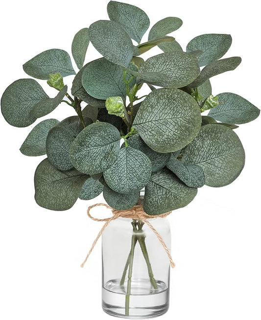 12" Fake Eucalyptus Stems in Vase with Faux Water,Artificial Plants Leaves for Shelf Desk Bathroom Farmhouse Room Coffee Table Home Decor (Eucalyptus-Fruit)