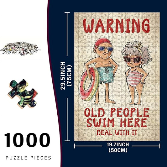 1000 Piece Wooden Jigsaw Puzzle Old People Swim Here Deal with it for Adults & Kids Challenging Brain Teaser with Educational Value Stress Relief Focus Tool for Family Bonding 29.5x19.7 Inch