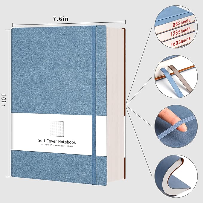 AHGXG Bullet Dotted Journal - 320 Pages Dot Grid Notebook B5 Large Journal, 100gsm Thick Dotted Paper, Leather Softcover, with Journal Stencils, Inner Pocket, 7.6'' X 10'' - GrayBlue