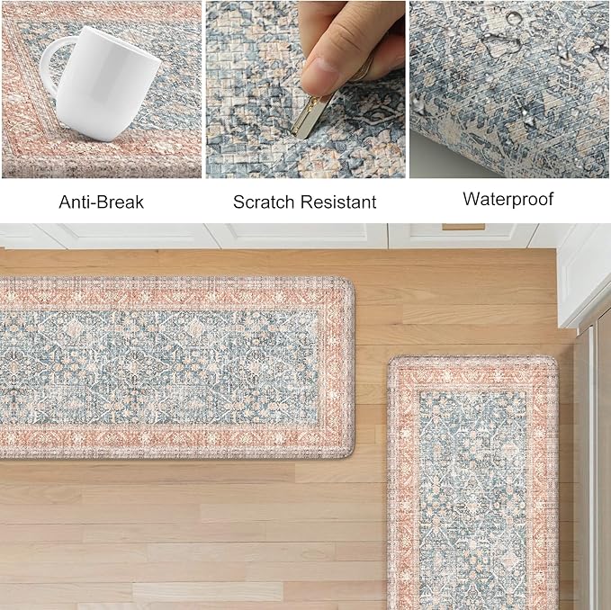 KIMODE Anti Fatigue Kitchen Mat,Farmhouse Kitchen Rugs Sets of 2,Non Slip Waterproof Vintage Kitchen Floor Mats,Cushioned Comfort Standing Mat for Sink,Desk,Laundry,Office,Orange/Blue