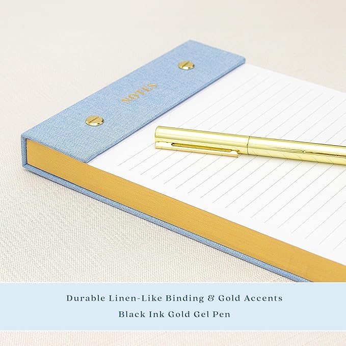 ELYN Lined Notepad, Aesthetic Linen Memo Pad with Matching Gold Gel Pen, 125 Sheets, 8.1 x 5.3 in - 100 GSM Premium Thick Paper, Perforated Pages & Hard Linen Backing, for Work, School or Home (Blue)