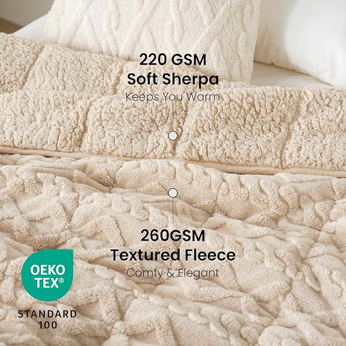 Weighted Blanket Full Size, Adult Weighted Blankets 15lbs with Doubled-Sized Shaggy Sherpa, Soft Plush Jacquard Bed Blanket for Sleep Natural and Relaxing, Ceramic Beads, Beige, 48 * 72 15lbs