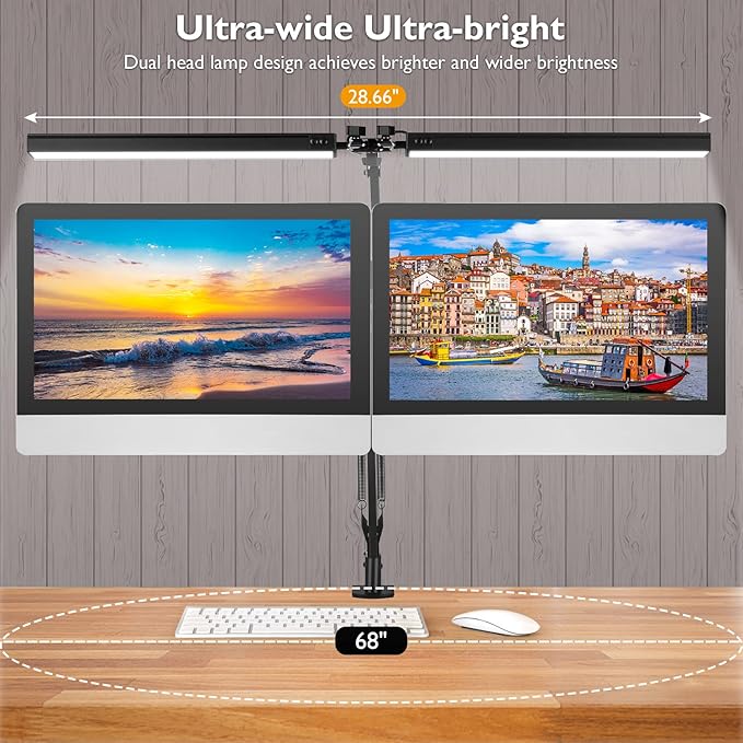LED Desk Lamp with Clamp, Super Bright Double Head Task Light, 5 Color Modes, 10%~100% Dimmable Brightness, Modern Swing Arm Workbench Light