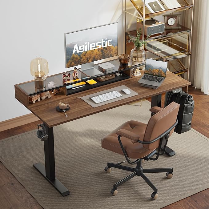 Agilestic Glass Standing Desk with Storage, 48 Inch Electric Adjustable Desk with Glass Shelf and Cable Management, Sit Stand Up Home Office Computer Table, Splice Board, Dark Walnut