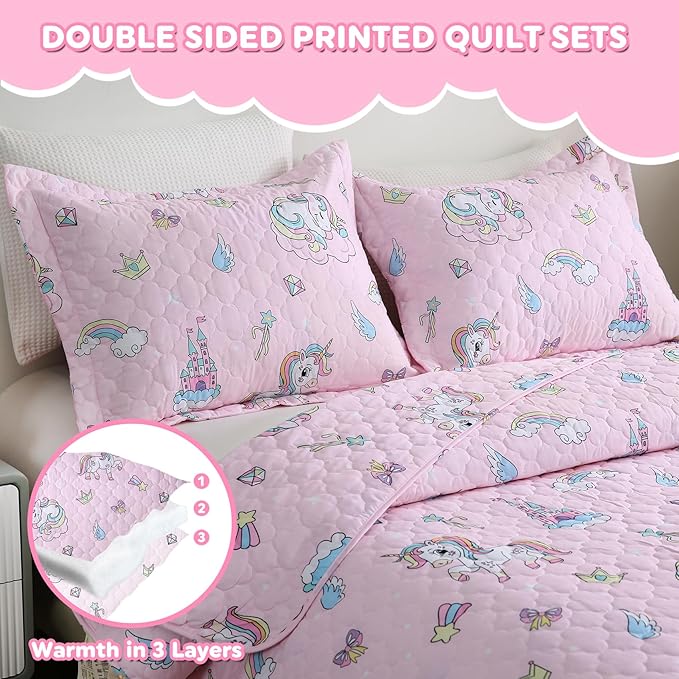 Pink Unicorn Girls Quilt Set Twin Size Kids Bedding Sets Lightweight Summer Bedspread Soft Microfiber Breathable Bed Comforter All-Season