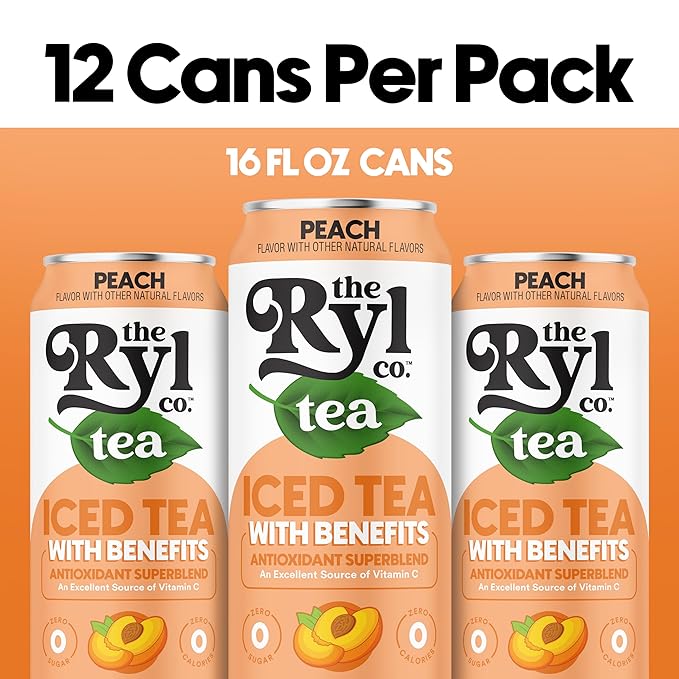 Ryl Iced Tea, Peach, Antioxidant Superblend, Zero Sugar, Low Carb, Zero Calorie Iced Tea, 16.0 Fl Oz (12-Pack)