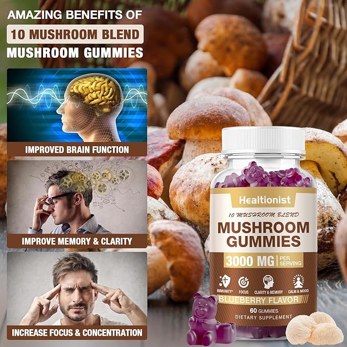 2 Packs Mushroom Complex Gummies 10 Blend - Lion's Mane Gummies for Adults, Cordyceps, Shiitake, Reishi, Chaga - Brain, Immune Support & Stress Relief, Energy, Mushroom Supplement for Men & Women