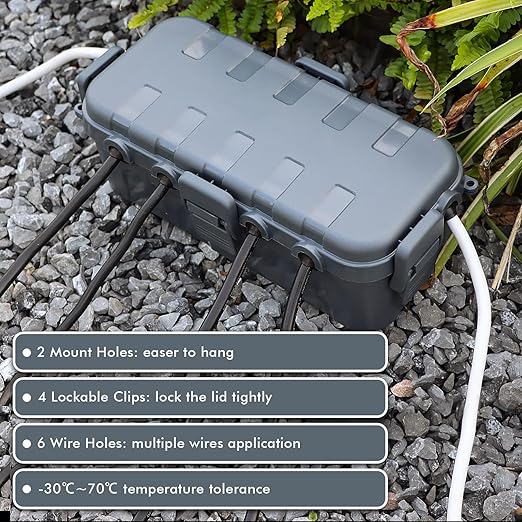 RESTMO Outdoor Electrical Box, IP54 Weatherproof Extension Cord Cover with 6 Cable Entry Ports, Waterproof Connection Box Protect Power Strip, Timer, Plug, Holiday Lights, (11.5x5.2x4 inch), Gray