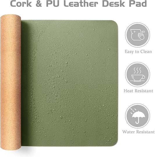 Aothia Dual-Sided Desk Pad - Leather Desk Mat, Natural Cork Desk Pad Protector, Large Mouse Pad for Desk, Waterproof Desk Blotter Pad, Desk Writing Pad for Office Work/Home, Olive Green (37.8"x17")
