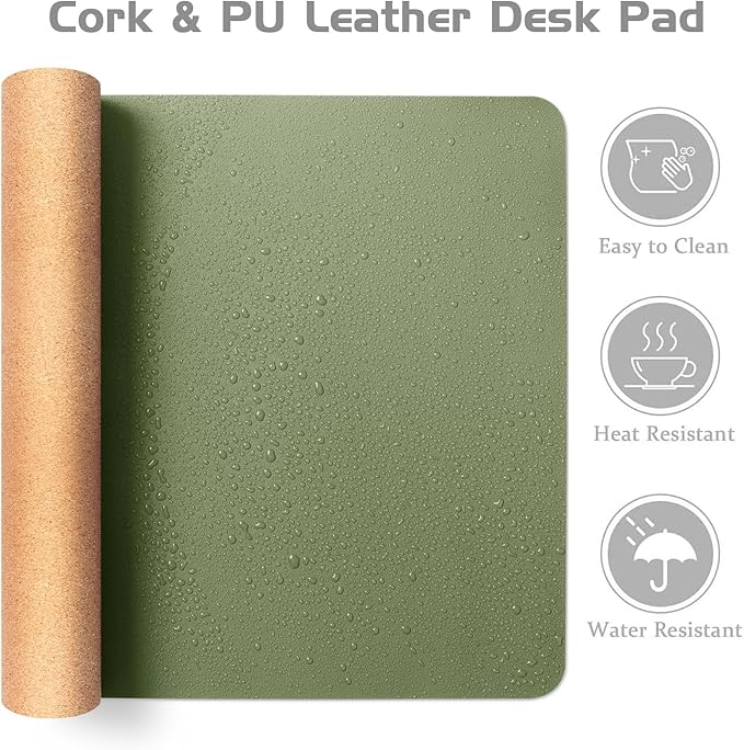 Aothia Dual-Sided Desk Mat - Natural Cork & Leather Desk Protector, Large Mouse Pad & Writing Pad for Office/Home, Olive Green (25.6"x13.7")