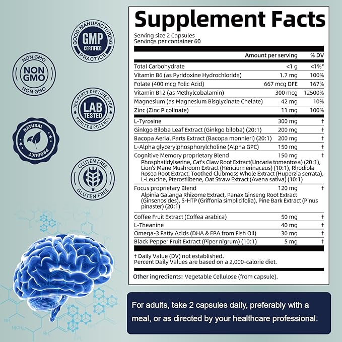 C-affeine Pills Brain Supplements for Memory and Focus L-Tyrosine, Alpha GPC, Ginkgo Biloba, Bacopa Monnieri, Brain Nootropic Cognitive Support - Non-GMO, Gluten Free (120 Counts)