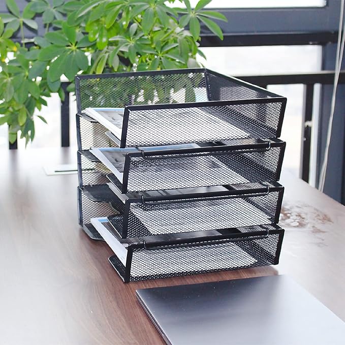 SETTFRFE 4 Tier Metal Mesh Desk Organizer-Stackable Letter Trays for Office Supplies,Black File Storage System with Reinforced Edges