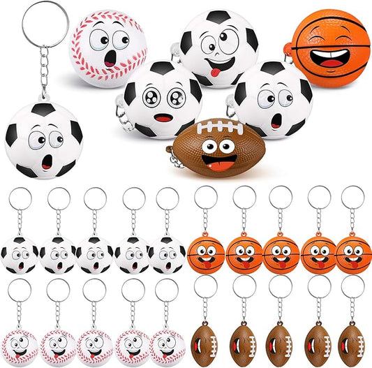 32 Pcs Mini Face Stress Balls Keychain for Boys Girls Sport Face Stress Relief Squeeze Toys Keychain for School Reward Party Bag Gift Fillers Party Favors Birthday Gift