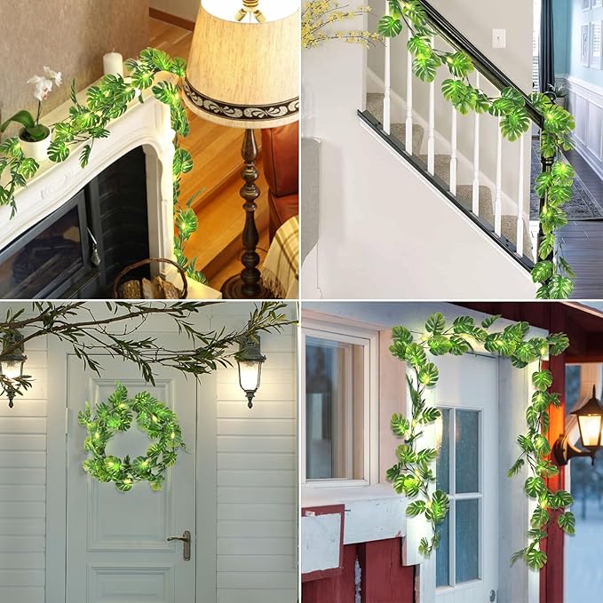 RECUTMS Artificial Monstera Leaf Vines Whit Light 2Pcs, 5.9FT Fake Hanging Ivy Plant Faux Tropical Palm Leaves Greenery Vine Garland Indoor Outdoor Garden Porch Patio Jungle Luau Birthday Party Décor
