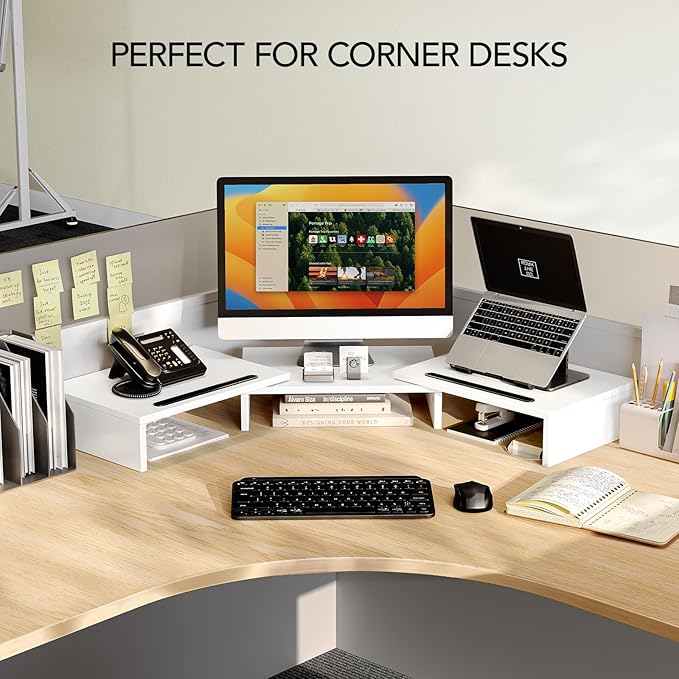 AMERIERGO Dual Monitor Stand Riser- 3 Shelf Screen Stand with Adjustable Length and Angle, 2 Extra Functional Slot Desktop Organizer Stand for PC, Computer, Laptop (White)