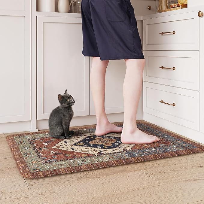 KIMODE Anti Fatigue Kitchen Mat, Boho Distressed Kitchen Rug 20"x32", Non Slip Waterproof Kitchen Floor Mat, Comfort Foam Mat for Kitchen Floor, Sink, Laundry, Office, Desk Red Floral