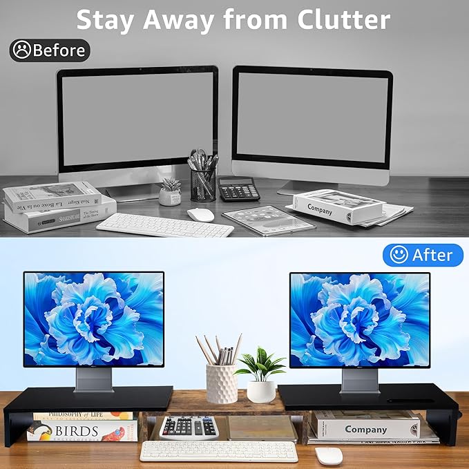 Dual Monitor Stand Riser for 2 Monitors, Monitor Stand for Desk, Adjustable Length Swivel Angle Wooden Desktop Organizer Stand Riser with Smartphone Holder for PC Monitor, Rustic Brown