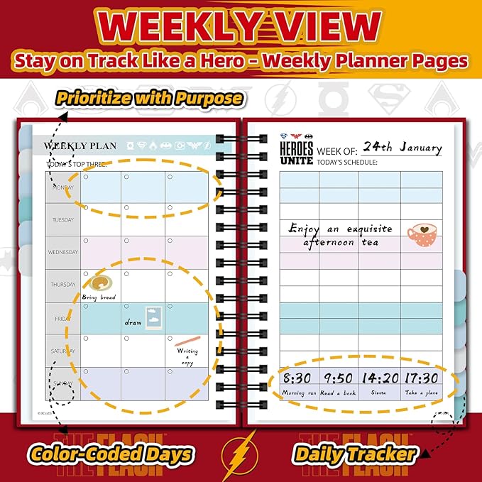 Hardcover Spiral Notebook Journal with 12 Dividers Tabs Weekly & Monthly Planner Productivity Journal Superhero Theme Leather Organizer for Work School Adults Teens and Professionals (FLA-RED)