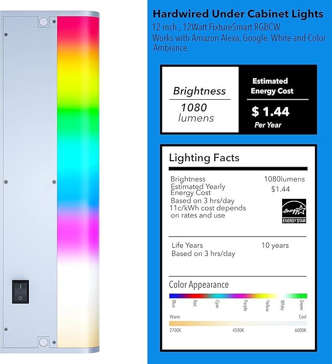 LED Smart Under Cabinet Lights Hardwired or Plug in White and Color Ambiance Dimmable with Remote Control Work with Amazon Alexa, Google App Controlled Under Counter Lighting (12 Inch)